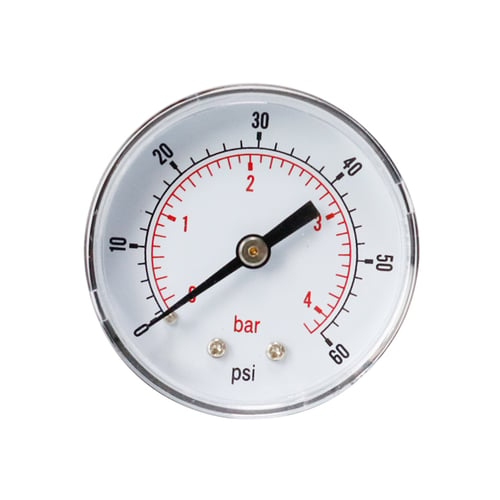 Pressure Gauge 0/15 PSI & 0/1 Bar 40mm Dial 1/8 BSPT Back connection. 