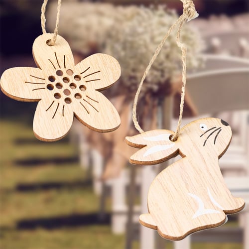 8x Easter Rabbit Egg Wooden Chips Cutouts Tags Pendants Hanging Crafts Decor New 