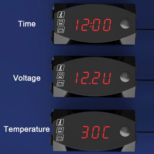 Digital LED Electronic 3in1 Time Clock Thermometer Voltmeter For 12V Motorcycle 