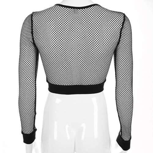 Womens Mesh Fishnet Long Sleeve Sheer Tops Perspective Tee Shirt Solid Black White-in T 