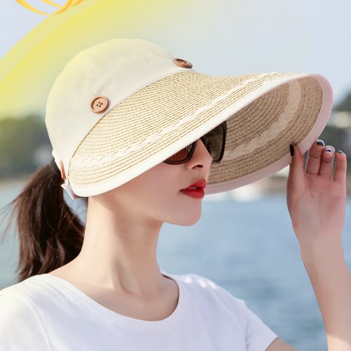 Women Straw Hat Wide Large Brim Floppy Summer Beach Visor Anti-uv Sun Button Cap 