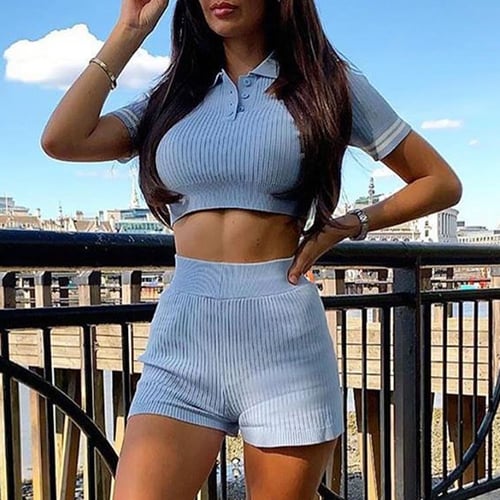 Shorts 2 Piece Outfits for Women,Casual Color Block Short Sleeve Tops Bodycon Short Tracksuit Set 