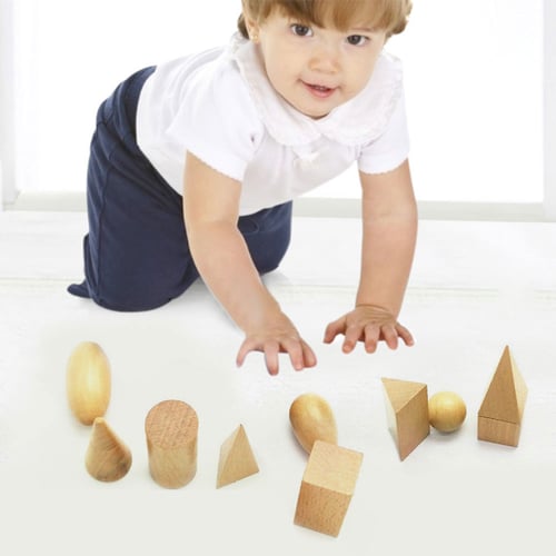 10pcs/set Kids Math Toys Wooden Geometric Shapes Solids Geometry Blocks Set Toy 