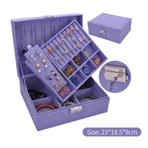 2-Layer Jewelry Ring Box Organizer Jewelry Display Storage Case with Lock Purple 