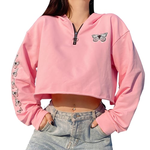Pink White Girly Skull Womens Sports Long Sleeve Crop Hoodie Sweatshirt Top Pullover Hooded Sweatshirt 