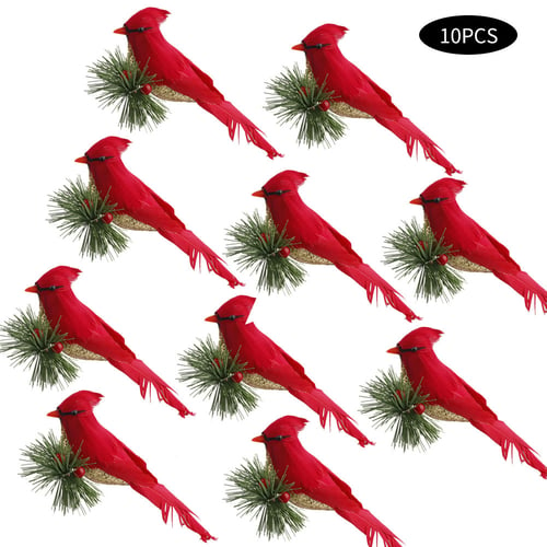 10Pcs Realistic Birds Artificial Red Feather Bird Home Xmas Tree Ornament Decor 