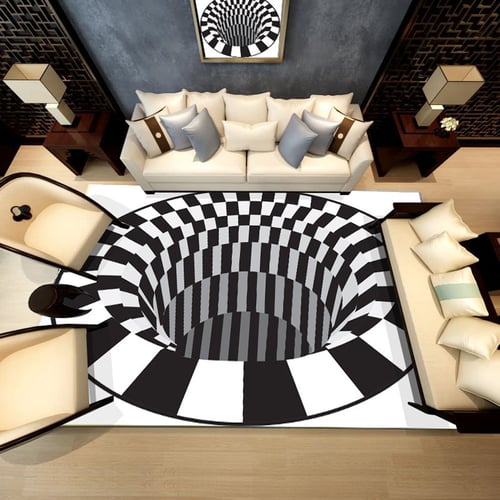 Round Black White Grid 3D Illusion Vortex Bottomless Hole Carpet Non-Slip Decor 