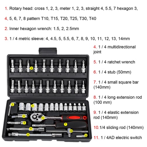 46 Pcs Socket Wrench Set 1/4" Drive Ratchet Metric Kit Garage Car Repair Tools
