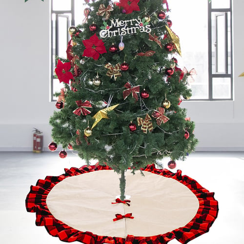 120cm Christmas Tree Skirt Knitted Tree Stand Wine Red White Xmas Floor Decor 