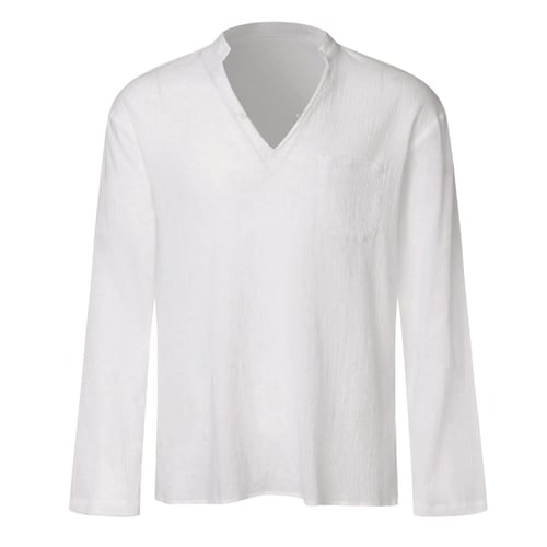 Men's Retro Breathable Thin V-Neck Solid Loose Chest Pocket T Shirt Linen Blouse 