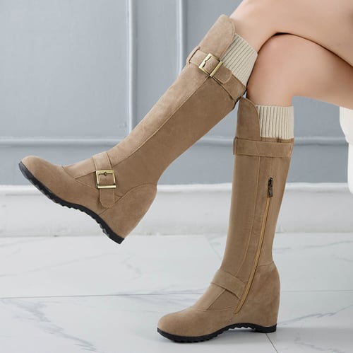 Womens Knee High Flat Boot,Round Toe Slouch Buckles Square Heel Middle Tube Casual Booties 