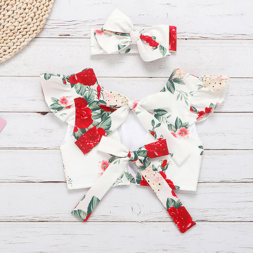 Toddler Kid Baby Girl Print Off Shoulder Backless Tops Bow Pants Hairband Outfit 