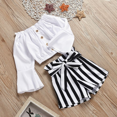 Toddler Kids Baby Girls Ruffle Off Shoulder T-Shirt Tops+Striped Shorts Outfit 
