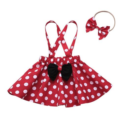 Toddler Baby Girl Top Bow Polka Dot Suspender Skirt Headband Outfits Clothes Set 