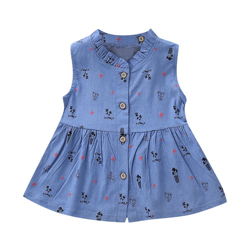Casual Toddler Baby Girls Floral Print Bowknot Short Sleeve Princess Denim Dress 