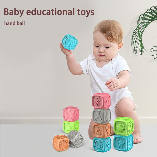 Baby Grasp Toy Soft Rubber Vinyl Embossed Building Blocks Baby Teethers Toy Set 