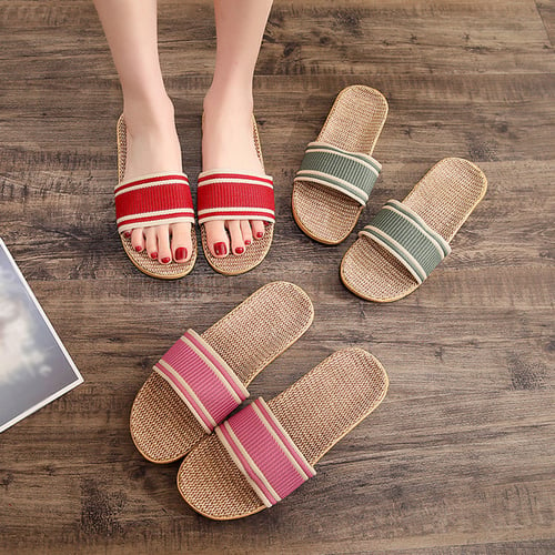 Women Linen Open Toe Home Slippers Ladies Anti-slip Flat Heel House Indoor Shoes 