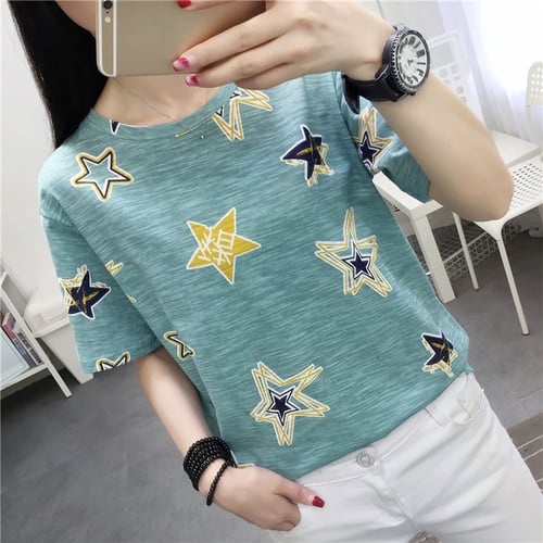 Allywit Fashion Women Summer Loose Short Sleeve Star Printed Casual T-Shirt Blouse Tops 