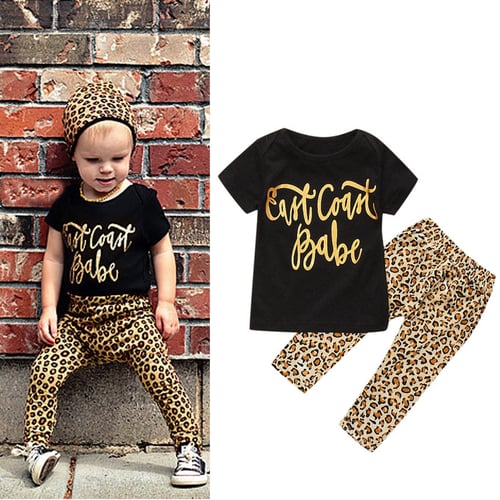 Toddler Kids Baby Girls Letter T shirt Tops Leopard Print Shorts Outfits Set 2PC 