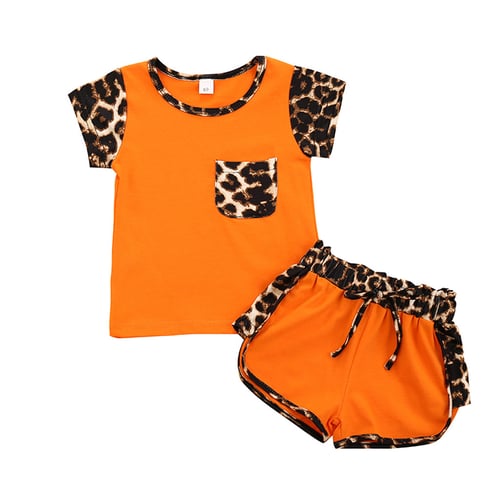 Fashion Toddler Kids Baby Girl Leopard T-shirt Shorts Outfits Set Sports Clothes 