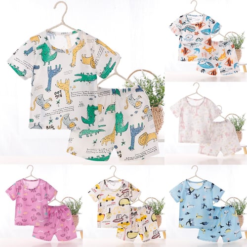 Boys Girls Breathable Breathing Cotton Short Sleeve Shorts Air Conditioning Set Summer Clothes Set 