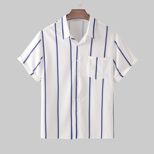 Loose Short Sleeve Shirt Mens Button Down Striped Printed Blouse Summer Casual Tops