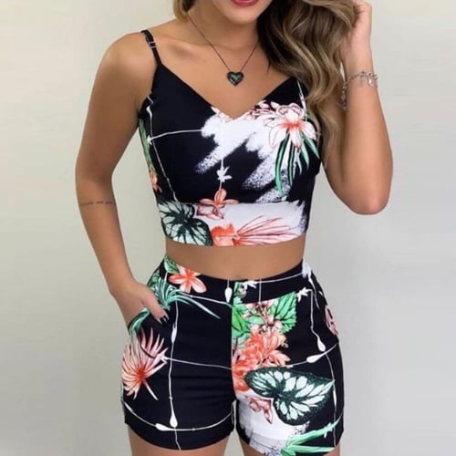 Fashion Womens Floral Summer Beach Vest Shirt Tops Blouse Shorts Pants 2PCS Set 