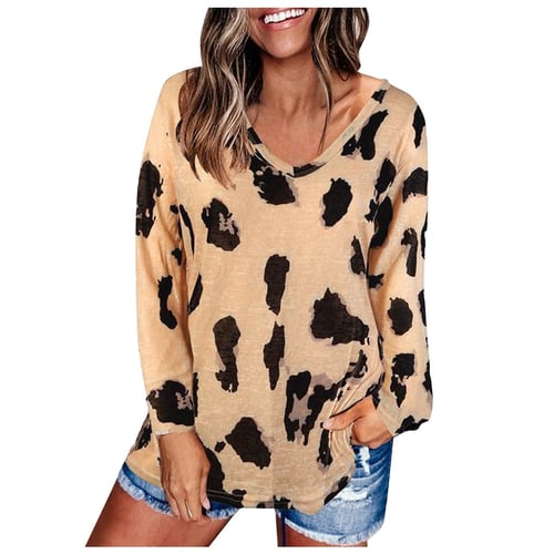 Ladies V Neck Leopard Print Long Sleeve Womens Loose T Shirt Tops Casual Blouse 