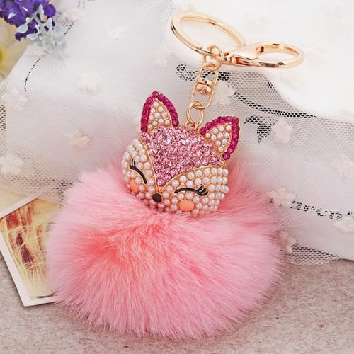 Pink Real Fox Fur Ball Key Chains Pink Fox Head Inlay Pearl Rhinestone for Bag 