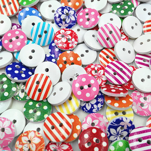 100pcs 15mm Colorful Mixed Pattern Round 2 Holes Wood Buttons for DIY Sewing 
