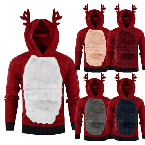 AKIMPE Men Autumn Winter Xmas Hoody Reindeer Feather Hooded Christmas Fur 3D Blouse Top 