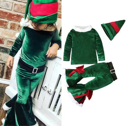 Baby Kids Christmas Cosplay Patchwork Pullover Tops Pants Hat Belt Set Outfits 