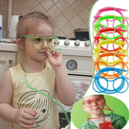 Funny Glasses Straw Kid Party Favor Flexible Drinking Tube Novelty Yellow Green 