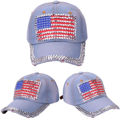 Dressin Women American Flag Baseball Cap Rhinestone Jeans Denim Baseball Adjustable Hat Djustable Bling Hat Cap 