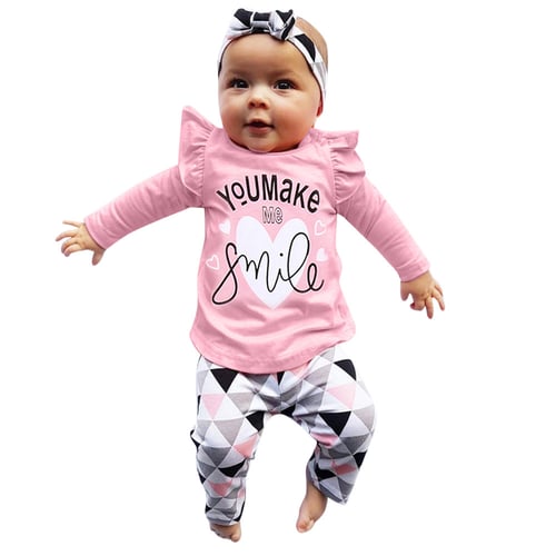 Newborn Toddler Infant Baby Girls Letter Print Tops Geometric Pants Outfits Set