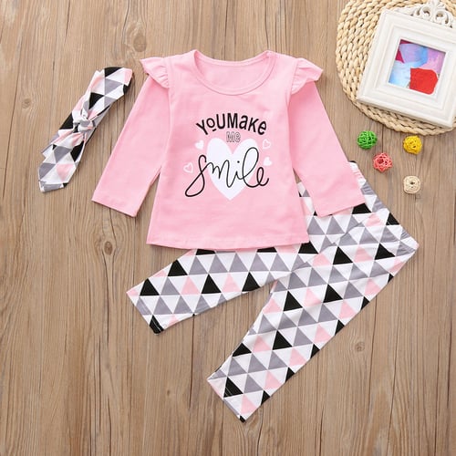 Newborn Toddler Infant Baby Girls Letter Print Tops Geometric Pants Outfits Set
