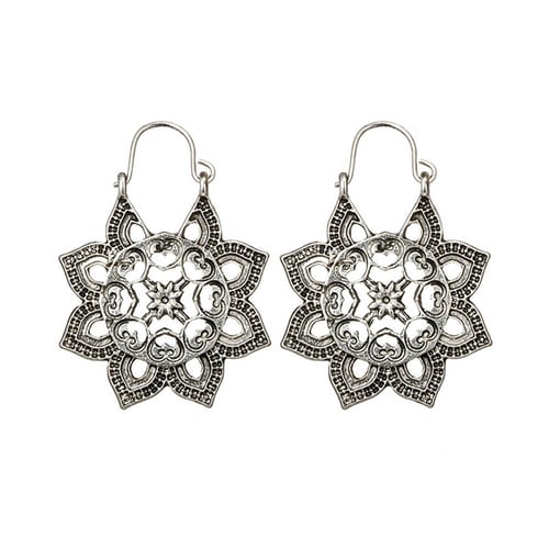 Boho Earrings Antique silver Gypsy Indian Tribal Ethnic Hoop Dangle Mandala Earrings