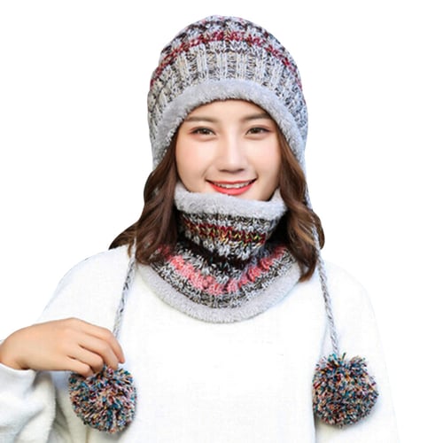 Women's Bib Warm Ear Velvet Thicken Hat Fluff Ball Crochet Winter Hairball Caps 