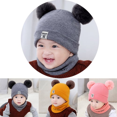 Knit Beanie Cap Scarf Set Toddler Kids Baby Boys Girl Warm Winter Pom Bobble Hat 