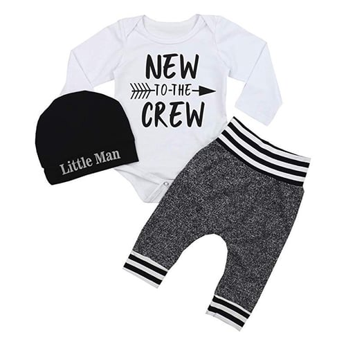 Newborn Baby Boy Clothes Letter Print Romper Tops Long Pants+Hat 3PCS Outfits
