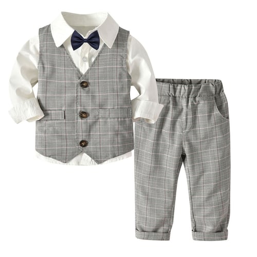 Gentleman Sets 4PC Toddler Baby Kids Bowtie Vest T-Shirt Pants Wedding Formal Party Suit Clothes 1-2T White