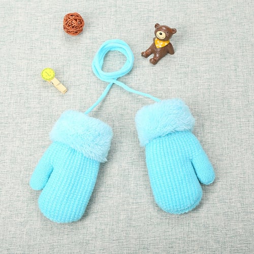 Toddler Baby Girls Boys Winter Patchwork Warm With Neck Hanging Kitten Gloves 