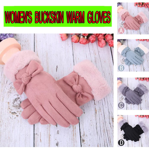 Yomiafy Womens Buckskin Bow Gloves Autumn Winter Girls Windproof Warm Plus Velvet Gloves 