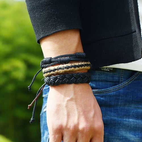 Multi Layer Fashion Multi Color Leather Hemp Braided Leather Bracelet Wristband 