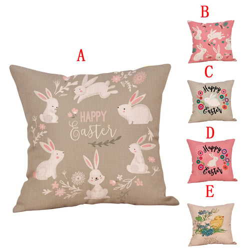 Happy Easter Bunny Pillow Cover Linen Sofa Cushion Cover Home Decor Pillow Case 