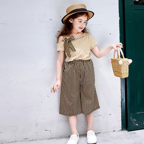 Toddler Kids Baby Girls Bowknot T shirt Tops Striped Loose Pants Clothes Set 