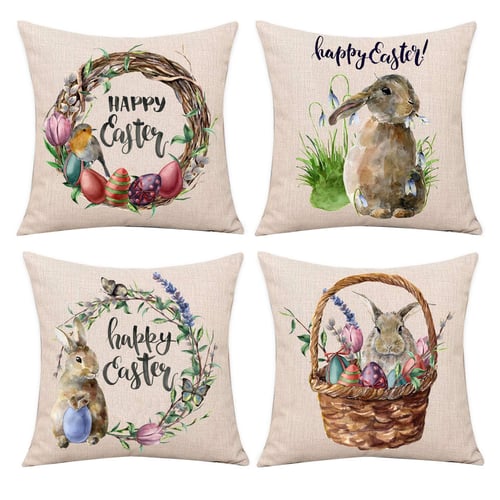 New Happy Easter Rabbit Egg Pillow Case Cotton Square Simple Waist Cushion Cover