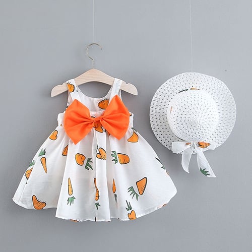 Toddler Baby Kids Girls Sleeveless Fruit Print Princess Dresses Bow Hat Outfits