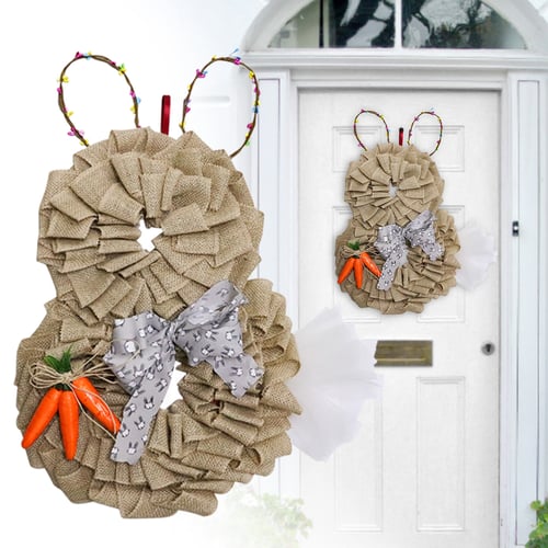 Hanging Spring Decor Twigs Wood Curl Easter Bunny Wreath with Fake Flowers 