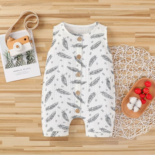 Newborn Infant Baby Boy Girl Summer Linen Feather Button Romper Jumpsuit Outfits 